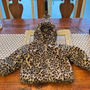 Zara Kids Leopard Print Furry Jacket With Hood. Size 2-3 T